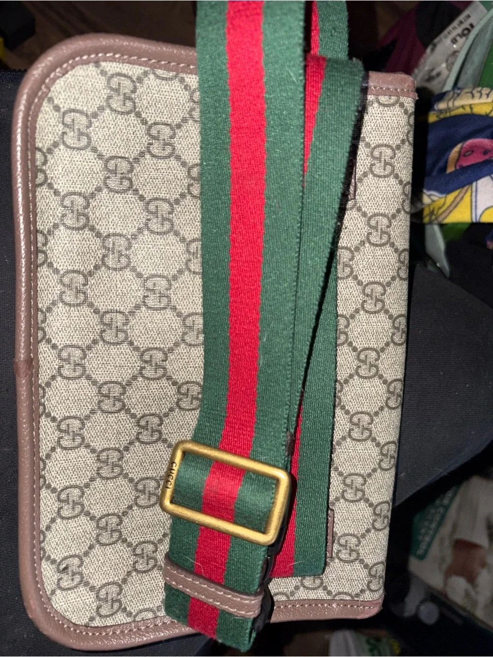 Gucci Beige Monogram Canvas Brown Leather Oval Logo Patch with Gold Lettering